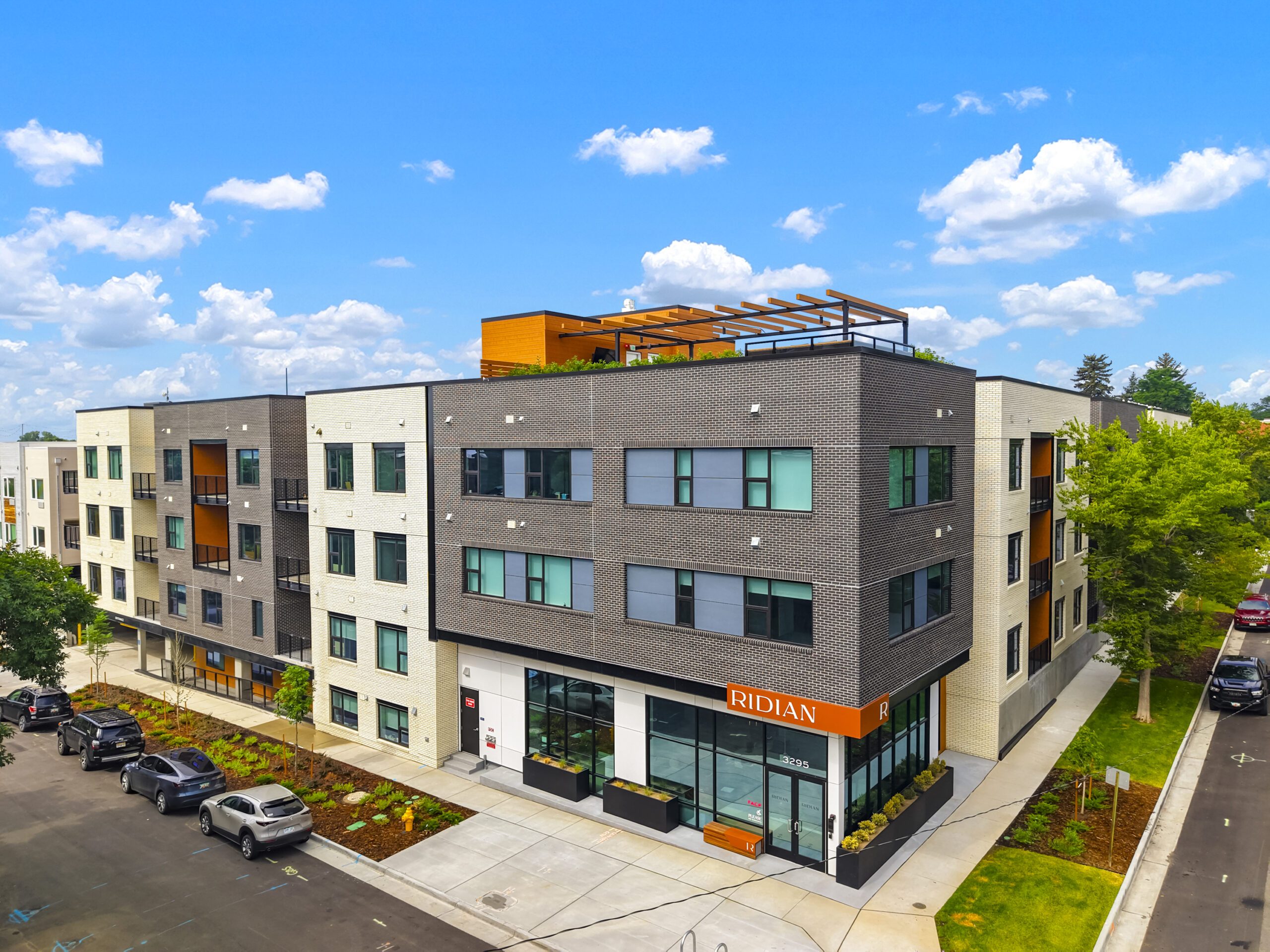 Aerial view of The Ridian multifamily development in The Highlands neighborhood of Denver.