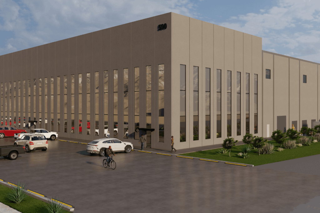 Rendering of the LITOS Laredo industrial building featuring modern architecture, 40 foot clear height, expansive bays, and a landscaped entry.