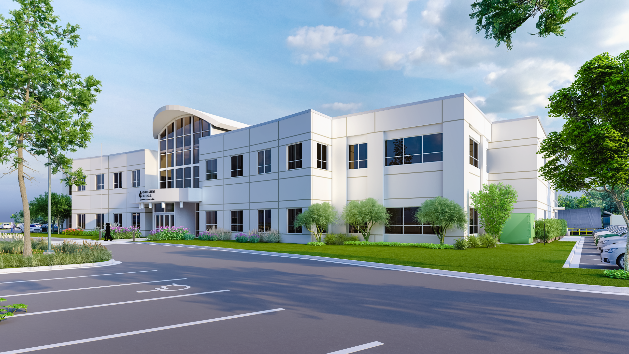 Orion STEM School Education Center Under Construction by ARCO/Murray - Rendering of the Front Entrance and Parking Lot