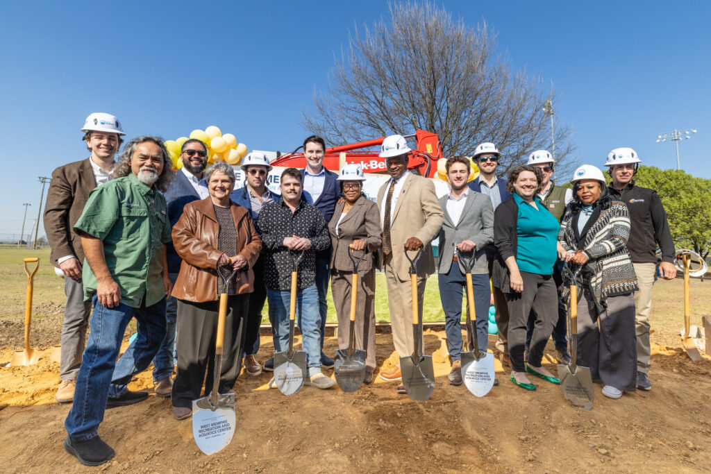 ARCO/Murray, Project Luong and the City of WEst Memphis teams pose with shovels  for the groundbreaking ceremony.