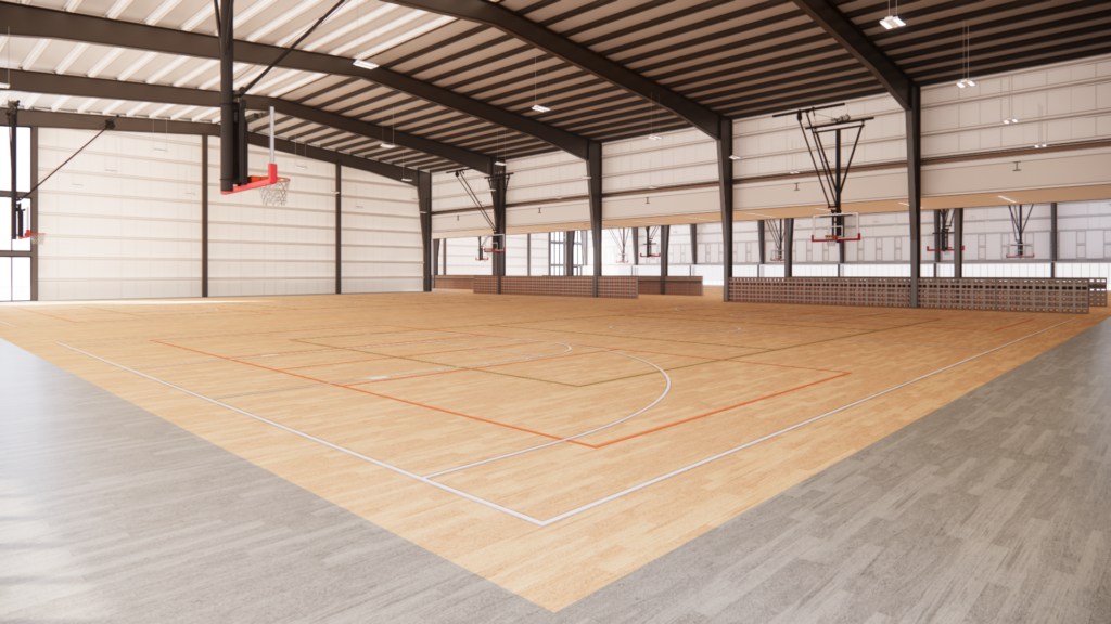 Rendering of one of the five basketball courts within West Memphis Recreation and Aquatics Center
