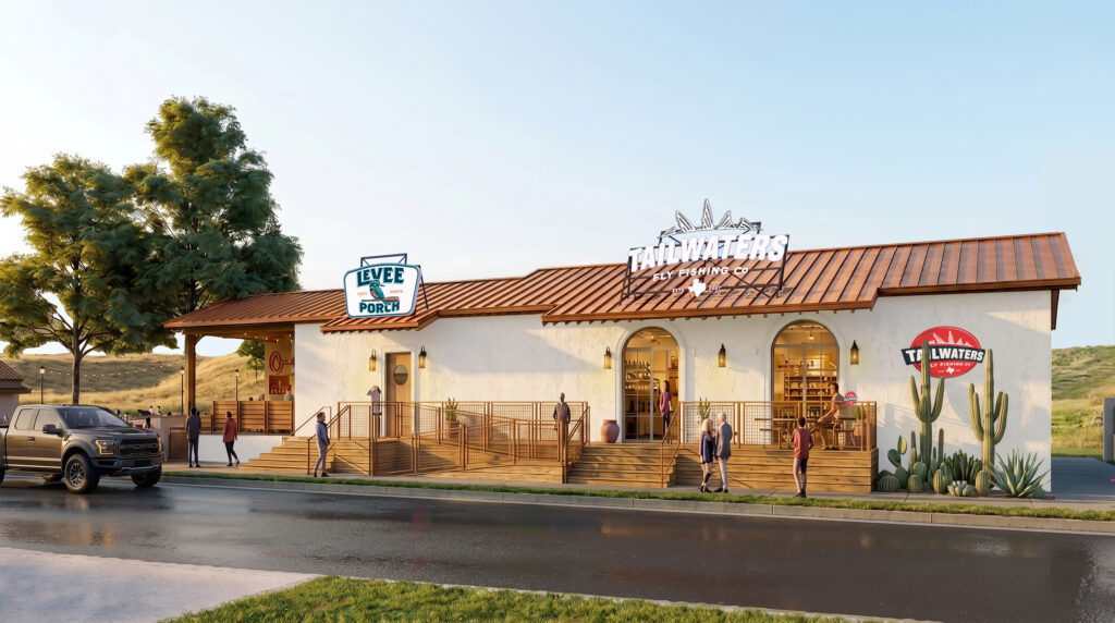 Front exterior rendering of Tailwaters Fly Fishing Co. in Fort Worth, featuring the raised wood deck, accessible ramp, storefront windows, Levee Porch sign, and Tailwaters rooftop signage.