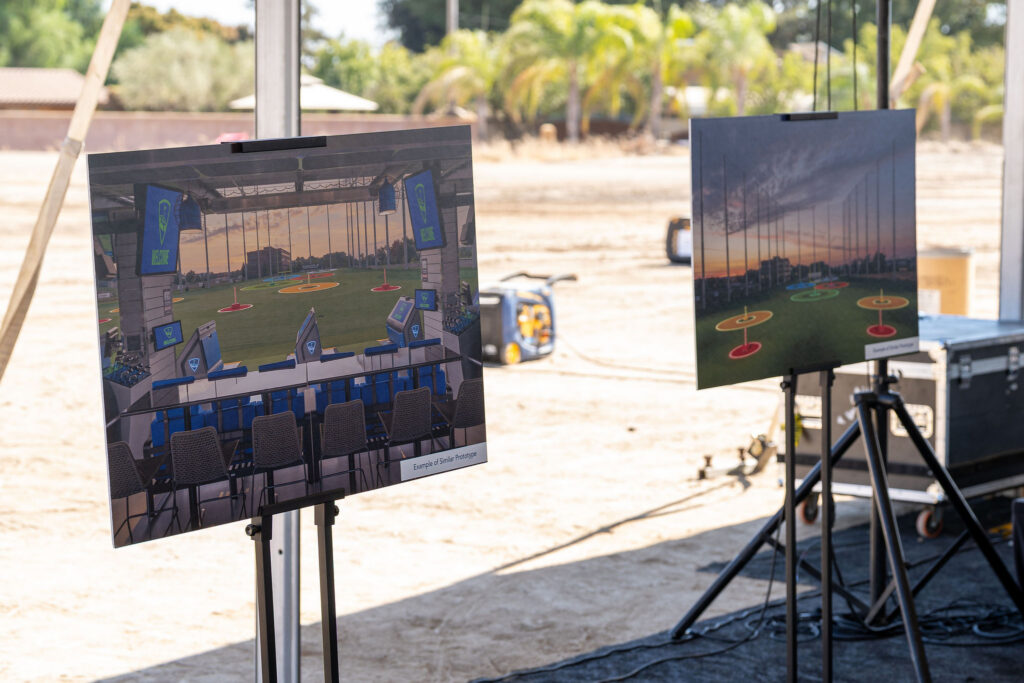 Photos of similar prototype examples of the Topgolf San Joaquin Valley venue.